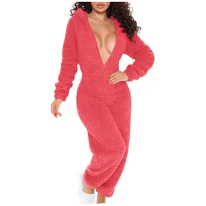 Sexy red teddy fleece hooded romper onesie for women, warm loungewear detail view