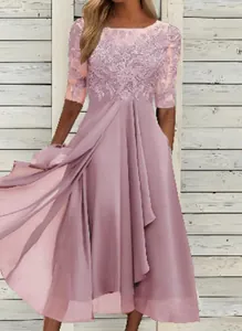 Detailed view of a mauve chiffon lace patchwork evening dress with a flowing skirt