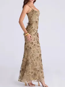 Elegant Floral Sequin Cami Backless Maxi Dress For Women Sexy Low Cut Waist Slimming Evening Party Gown Long Dress