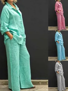Γυναικείο Casual Top And Bottom Μονόχρωμο Πουκάμισο Και Φαρδύ Παντελόνι Μινιμαλιστικό Χαλαρή Εφαρμογή Καθημερινό Σύνολο Καλοκαιρινά Loungewear