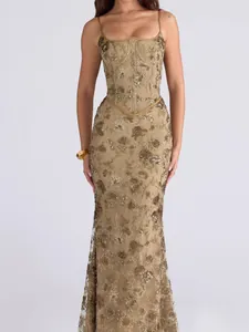 Elegant floral sequin camisole maxi dress with waist-cinching low cut design.