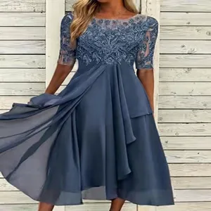 Elegante Abito da Sera in Patchwork di Pizzo e Chiffon da Donna Girocollo Manica Corta Abito Lungo per Matrimonio Festa Banchetto Formale