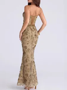 Elegant golden sequined floral lace backless mermaid evening dress with corset back design