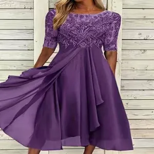 Squisito abito da sera formale in pizzo e chiffon viola patchwork per le donne