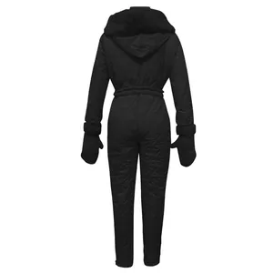 Back view of black quilted one-piece ski suit with faux fur hood and matching mittens