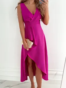 Elegant magenta sleeveless V-neck dress with high-low hem and ruffle detail