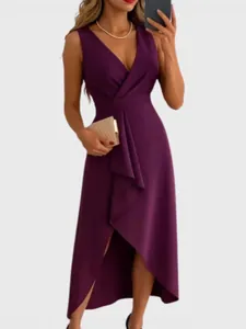 Elegant purple sleeveless V-neck high-low maxi dress for formal evening parties
