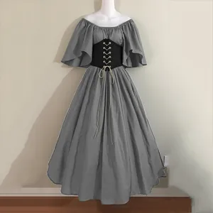 Robe médiévale grise élégante avec corset noir pour costume de spectacle de scène