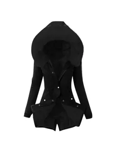 Women's warm winter hooded parka featuring black faux fur trim and a drawstring waist