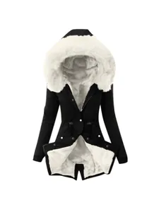 Women's warm winter padded jacket with oversized white faux fur hood in black