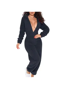 Sexy black plush hooded romper for women, cozy winter loungewear jumpsuit with deep V-neck