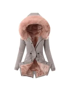 Premium women's grey winter parka jacket featuring a cozy pink faux fur lining and hood