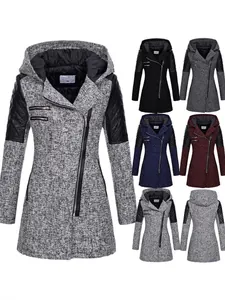 Damen Kapuzenmantel Dick Trenchcoat Mode Patchwork Kunstleder Ärmel Gesteppte Jacke Langarm Winter Outwear Streetwear Mantel