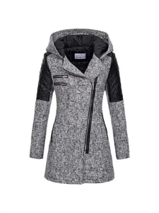 Damen-Kapuzenmantel aus grauem Tweed mit schwarzen gesteppten Kunstlederärmeln