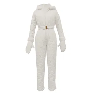 Full view of white quilted ski suit showing hooded design and matching accessories