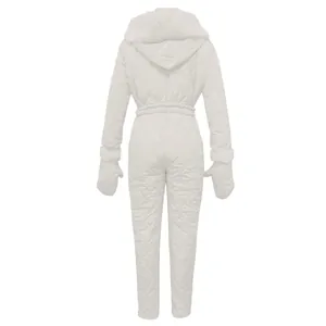 Back view detail of white quilted waterproof one-piece ski suit with hood and mittens