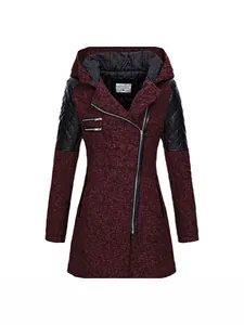 Damen Winterjacke in Bordeaux mit Kapuze, Stepplederärmeln und asymmetrischem Zip