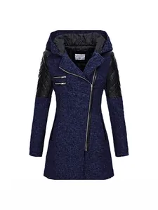 Marineblaue Damen-Kapuzenjacke mit gesteppten Lederärmeln und asymmetrischem Reißverschluss