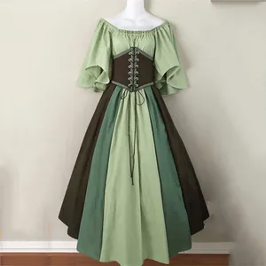 Full view of Medieval Renaissance style performance dress with corset and tiered skirt