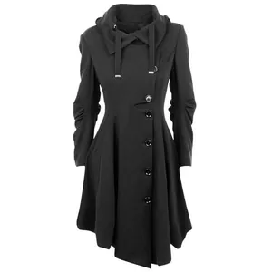 Eleganter schwarzer asymmetrischer Wollmantel für Damen mit hohem Kragen und Kapuze