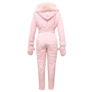 Detailed back view of a stylish pink quilted women's ski suit featuring a fur-trimmed hood