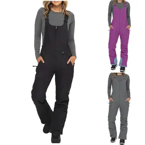 Detail view of waterproof insulated ski bib pants in black, purple and grey