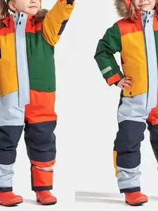 Traje de esquí infantil impermeable multicolor con capucha de pelo
