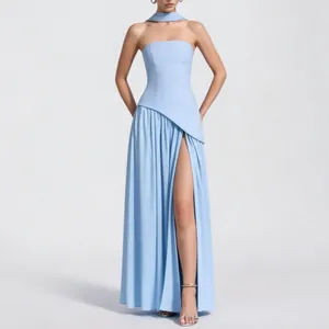 Elegant light blue strapless evening gown with high slit and matching neck scarf