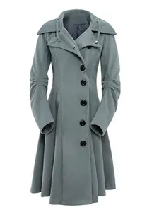 Eleganter grauer Wollmantel für Damen mit stilvollem Kordelzugkragen und großen Knöpfen