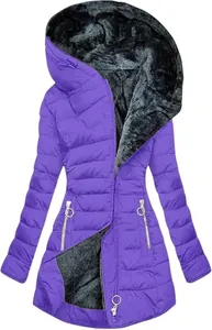 Premium lila gesteppte Winterjacke für Damen mit dickem grauem Fleecefutter und Kapuze