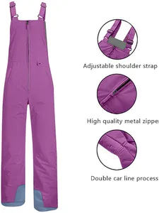 Purple waterproof ski bib pants with adjustable straps and high-quality metal zipper details
