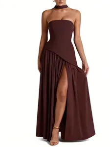 Elegant strapless split evening gown in chocolate brown featuring a high slit and choker