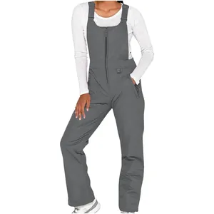 Front view of insulating waterproof gray ski bib pants featuring central zipper closure