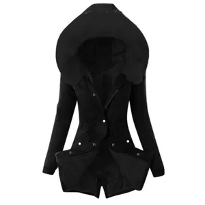 Parka d'hiver noire élégante pour femme avec grande capuche en fausse fourrure et taille