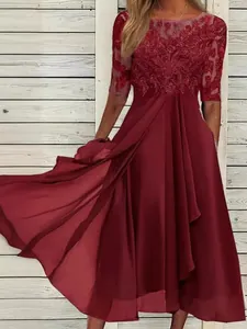 Elegante bordeauxrode kanten chiffon lange avondjurk voor bruidsmeisjes