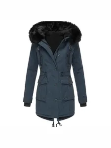 Parka d'hiver rembourrée pour femme avec capuche en fausse fourrure noire bleue