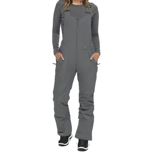 Waterproof insulated grey ski bib overalls with front zipper for outdoor sports