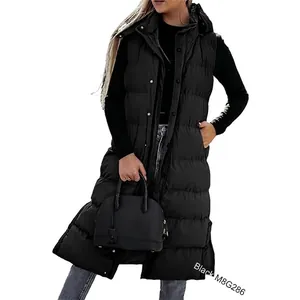 Detailed view of long black hooded puffer vest with quilted design for women