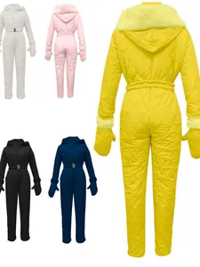 Women One-Piece Ski Suit Waterproof Padded Jumpsuit With Faux Fur Hooded Winter Outdoor Sportswear Set With Gloves Belt
