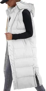 Detailed side view of a long white quilted hooded vest for women in winter outdoor style