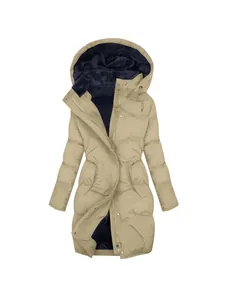Dames warme dikke winterjas met capuchon en fleece voering slank ontwerp in kaki beige