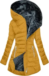 Schwere gelbe Damen-Winterjacke mit warmem grauem Kunstfellfutter und Kapuzendetail