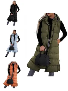 Women Long Hooded Padded Vest Quilted Sleeveless Top Winter Warm Windproof Thickened Outerwear Solid Color Cotton Coat Vest For Lady
