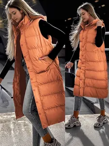 Women's stylish long orange hooded puffer vest with thick warm insulation