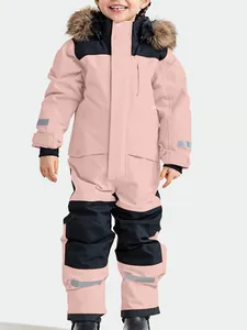 Tuta da sci intera impermeabile da bambina con cappuccio in pelliccia rosa e nera