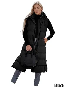 Women's long black hooded puffer vest with thick quilted insulation for winter