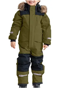 Tuta da sci intera verde oliva per bambini impermeabile con cappuccio in pelliccia calda