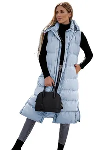 Premium women's long light blue hooded padded vest for outdoor winter thermal warmth