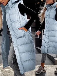Women's long light blue hooded puffer vest, warm sleeveless winter jacket fashion