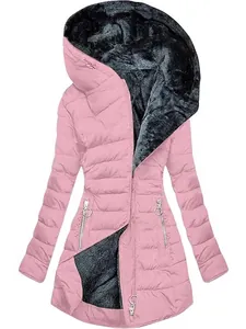 Giacca imbottita rosa da donna con cappuccio e fodera in pile calda per l'inverno